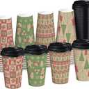 RUSPEPA Disposable Paper Coffee Cups with Lids 16 oz - 48 Pack Red and Green Design Printed Paper Drinking Cups, Thickened Paper Style for Hot/Cold Beverages, Home, Business, Restaurant and Cafe