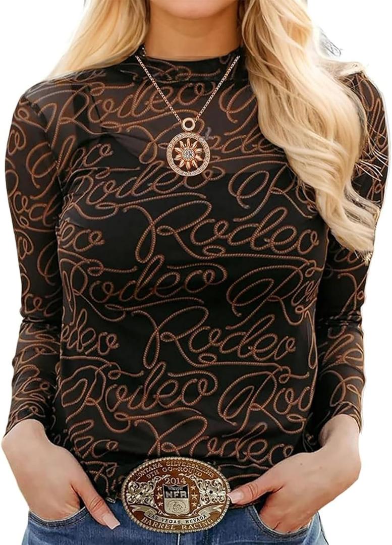 Chvity Women's Long Sleeve Mock Neck Tops Sexy See Through Mesh Going Out Tops Y2k Sheer Letter Printes Western Rodeo Outfit (Medium)