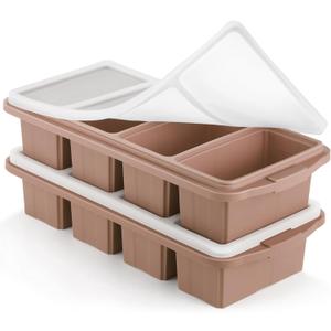 Ztomine Silicone Freezer Tray With Lid - Silicone Freezer Food Molds- Large Ice Cube Tray,Silicone Freezer Container,Freeze & Store Soup, Sauce, Broth,Leftovers - Makes 4 Perfect 1 Cup (2Pack-Brown)