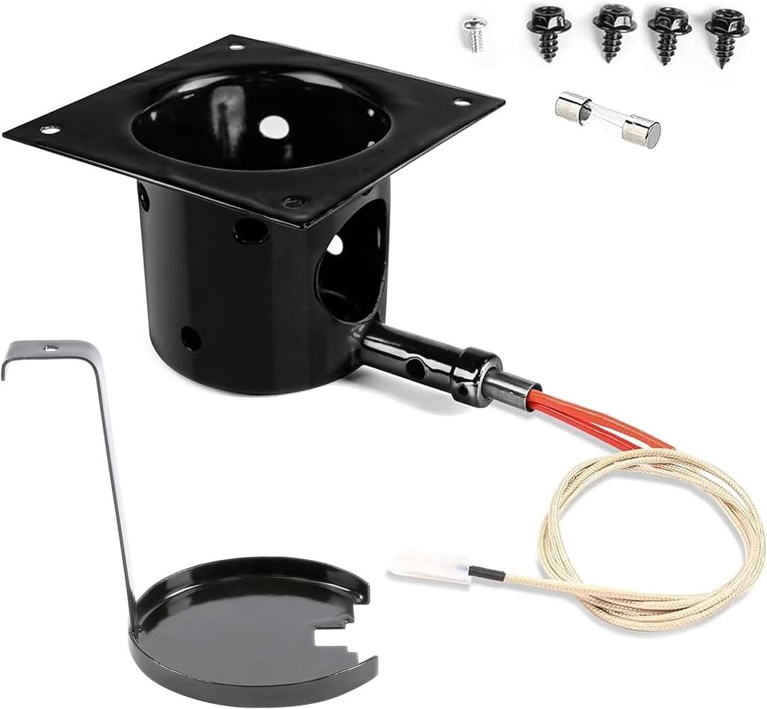 Upgraded Fire Burn Pot and Hot Rod Ignitor Kit Replacement Parts for Traeger, Pit Boss & Camp Chef Pellet Grill Smoker, Durable Fire Burner Pot with Ash Remover, Screws & Fuse, Enamel Fire Pot