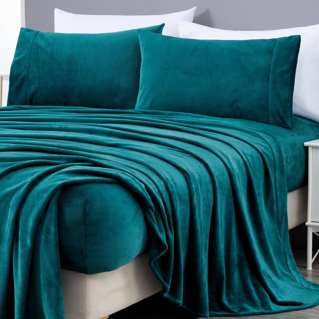 Chezmoi Collection Extra Soft Fleece Sheet Set King, Microplush NonPilling Velvety Bed Sheet, Deep Pocket  Lightweight All Season Warmth, King, Teal
