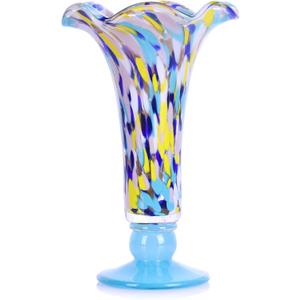 11.2'' H Hand Blown Glass Vase for Flowers, Blue Glass Home Decor for Centerpieces, Blue Wide Mouth Vase for Table, Beautiful Colorful Decor for Bathroom, Unique Gift for Her Friends