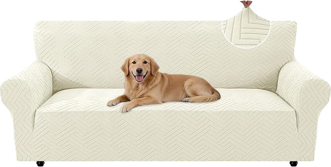 Stretch Sofa Cover Non-Slip Washable Furniture Protector | Stretch, 71"-91".Soft, Non Skid Foam, Elastic Bottom, Machine Washable, for Kids & Pets, Couch & Sofa, Beige Yellow