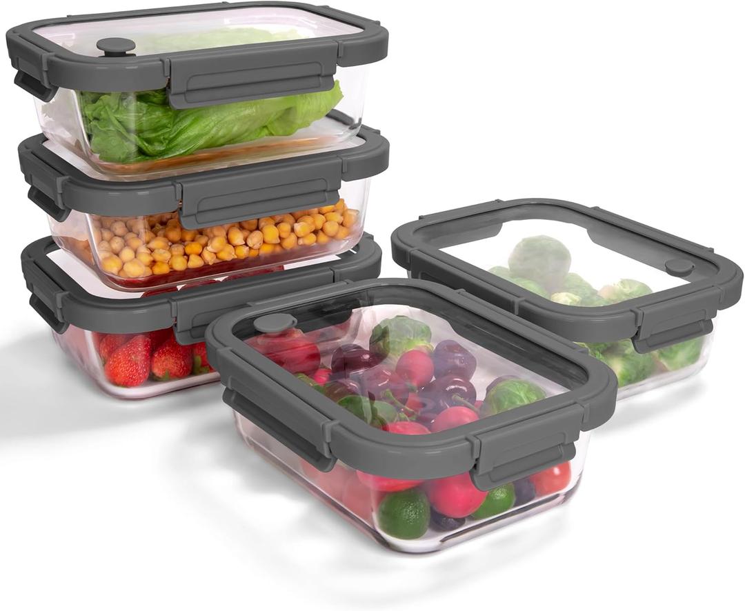 5-Pack Borosilicate Glass Containers with Tempered Lids, 35.2oz/4.4 Cup Airtight Meal Prep Set, Microwave/Freezer Safe (Gray) 5-Pack Borosilicate Glass Containers with Tempered Lids, 35.2oz/4.4 Cup Airtight Meal Prep Set, Microwave/Freezer Safe (Gray)