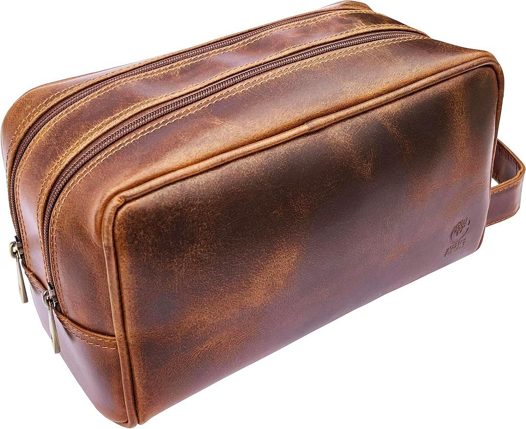 RUSTIC TOWN Leather Toiletry Bag for Men - Travel Shaving Ditty Kit - Bathroom Shower Toiletries Organizer - Leather Cosmetic Bag for Women (Antique Brown)
