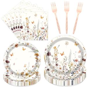 Rngmsi Wildflower Fall Party Tableware Decorations, 96PCS Flower Birthday Party Plates Napkins and Forks Supplies, Autumn Disposable Floral Baby Shower Bridal Shower Wedding Decor 24 Guests