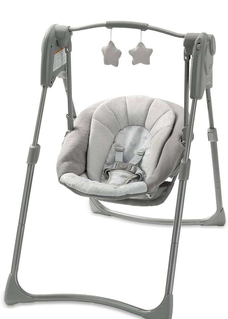 Graco Slim Spaces Compact Baby Swing, Space Saving Portable Bay Swing with Height Adjustable Legs & Soft Toys, Reign, 7.9"D x 14.8"W x 24.49"H