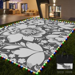 Pafolo Outdoor Rug Waterproof, 5'x8' Reversible Patio Rug with Lights, 4 Rug Stakes, Non Shedding, Easy Cleaning, Foldable Outside Mat for RV, Camping, Porch, Deck, Beach, Patio, Picnic, Grey&White
