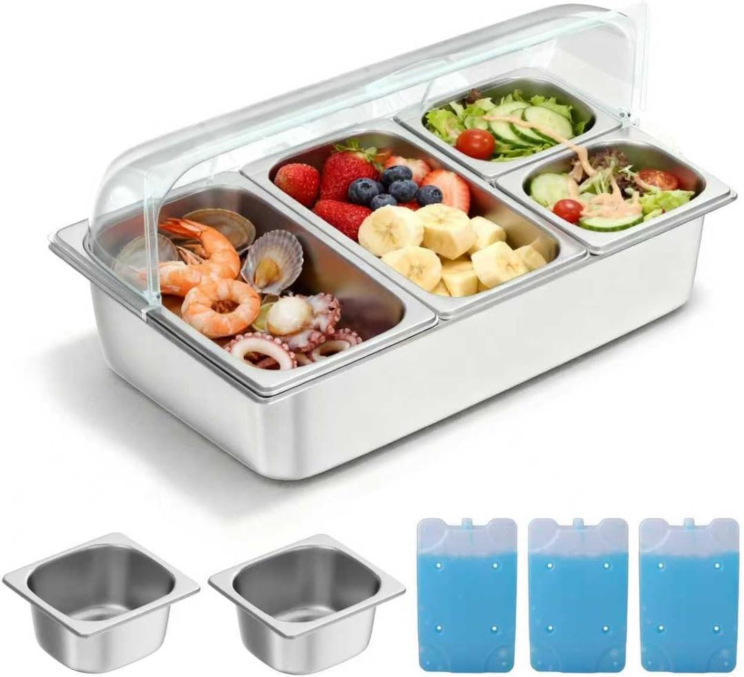Countertop Food Serving Display Container, Cold Food Buffet Server, Salad Bar Buffet Station for Home & Cold Serving Trays for Parties, Restaurant or Kitchen(6 Pans 2 Sizes), 1/6 and 1/3 pans