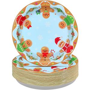 50 Pcs Gingerbread Christmas Paper Plates 9" Blue Gingerbread Dessert Plates Disposable Heavy Duty Xmas Cookie Party Supplies for Merry Christmas Holiday Dinner Party Decorations