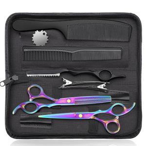JASON Professional 10-Piece Haircut Scissors Kit - Texturizing Scissors with 30 Teeth, Straight Shears for Barber, Hairdresser, Men, Women, Stylist (6.7", Rainbow)