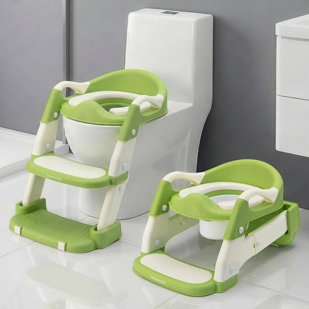 SereneLife 2-in-1 Potty Chair & Potty Training Seat with Step Stool Ladder - Height Adjustable Kids/Toddler Toilet Seat with Stable Anti-Slip Design, Cushioned Seat & Splash Guard For Boys Girls (Green)