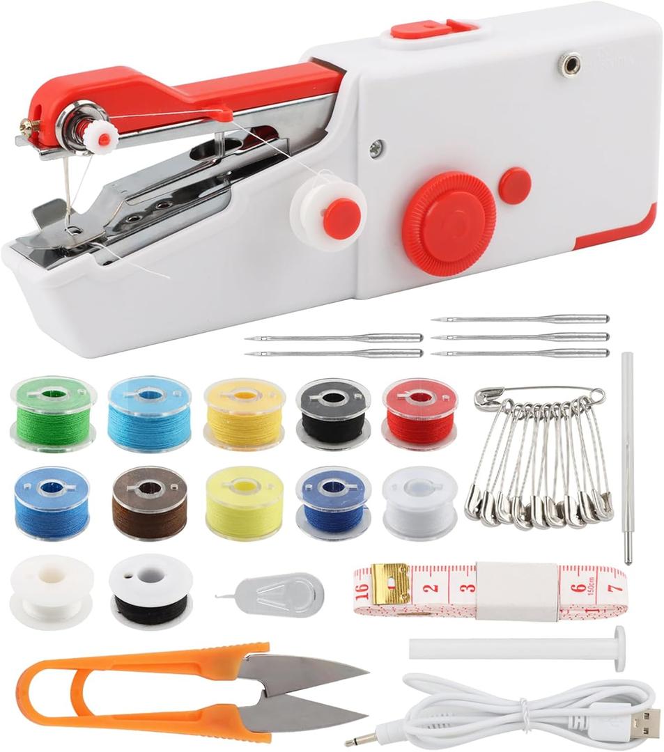 Mini Handheld Sewing Machine for Beginners, Portable Electric Stitcher, Complete Kit, Dual Power (White Red)