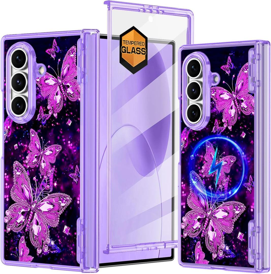 Hekodonk for Galaxy Z Fold 7 Case,[Compatible with MagSafe][Glow in The Dark][Front Screen Protector][Stand][Hinge Protection],Slim Fit for Women Girls for Samsung Galaxy Z Fold 7,All Purple