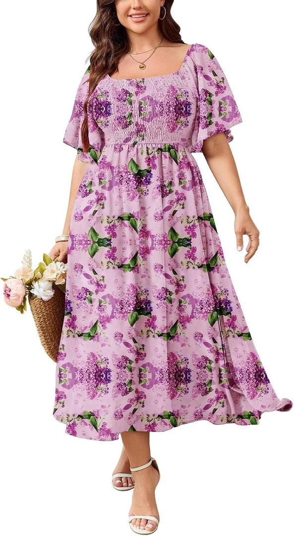 SHESTARR Women's Plus Size Dress Short Sleeve Square Neck Smocked Side Split Flowy A Line Long Maxi Dress (Pink, XL)
