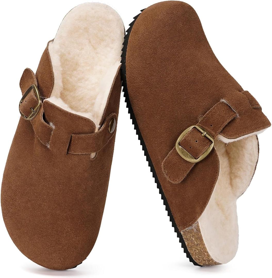 Womens Fur Lined Suede Clogs Mens Fuzzy Leather Mules Cork Footbed Slip On Winter Potato Shoes with Arch Support, Tan, Size: 13 Women/12 Men