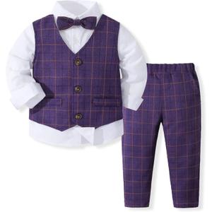 Toddler Gentleman Baby Boy's Long Sleeve White Shirt with Fake Dark Purple Plaid Vest + Pants with Bowtie Outfit Suits 4-5 Years
