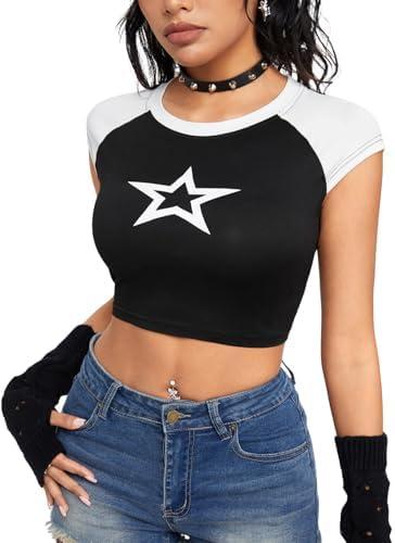 Verdusa Women's Y2k Clothes Crop Top Star Print Colorblock Short SleeveT Shirts Tee, M
