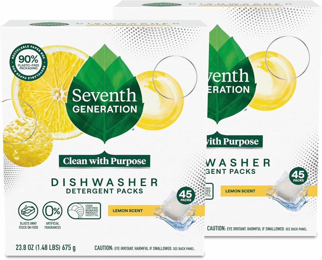 Seventh Generation Dishwasher Detergent Packs Lemon Scent 2 Pack for Sparkling Dishes Dishwasher Tabs 45 Count