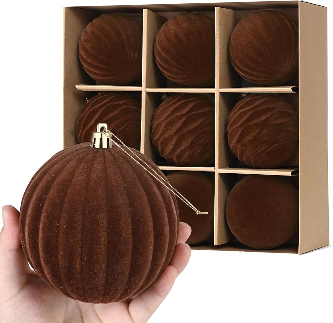 Waipfaru 9Pcs 3.94In Large Velvet Ornaments for Christmas Tree, Brown Velvet Christmas Ornaments Balls Set, Large Shatterproof Flocked Hanging Ornaments for Xmas Tree Wreath Garland Home Decor