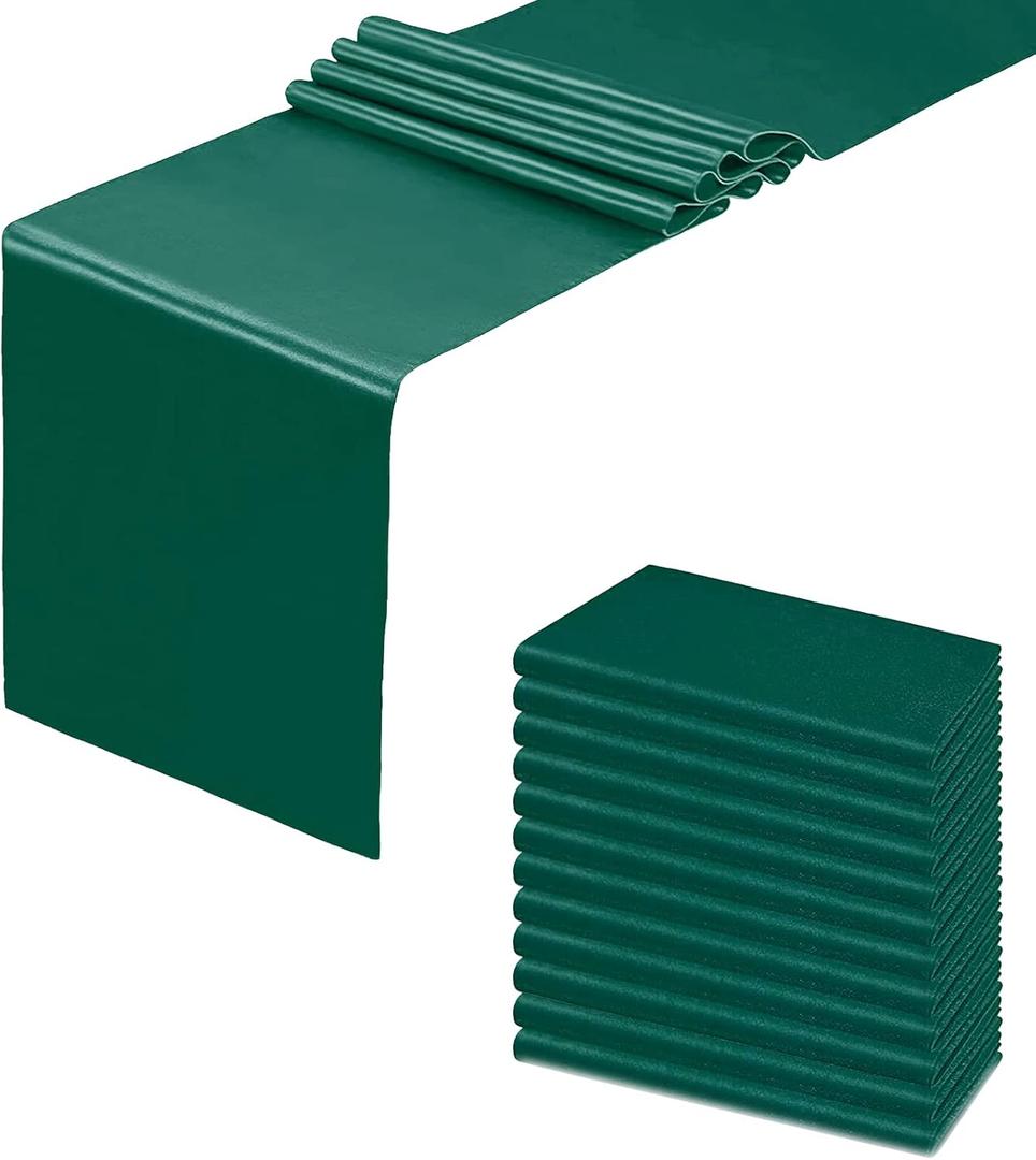 12 Pack Forest Green Satin Table Runner 12x108 Inches Long, Silk and Smooth Fabric Table Runner for Wedding, Parties, Banquets, Events Decoration