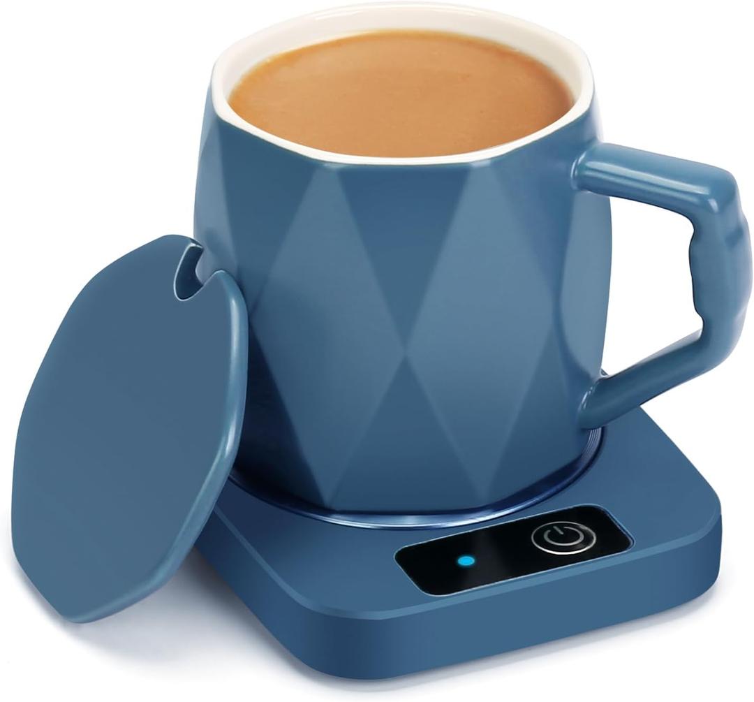 Electric Coffee Warmer with Ceramic Mug, 131 Fahrenheit Temperature Control, 16W Self-Heating Plate for Desk, Home, Office, Keeps Beverages Tea Milk Warm (Blue)