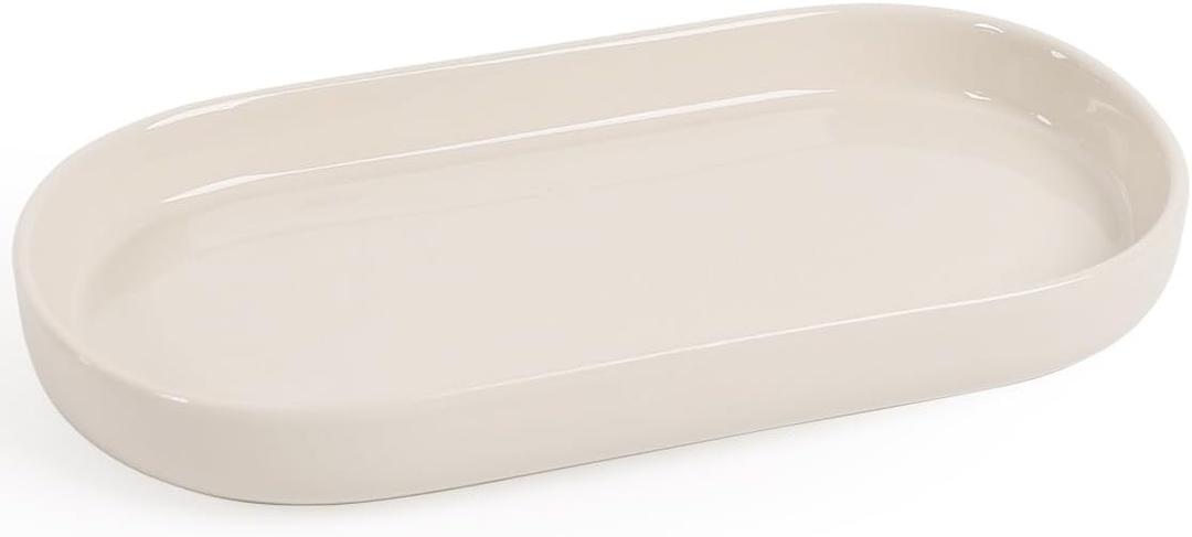 INGOFIN 7" Ceramic Bathroom Vanity Tray - Bathroom Organizer Countertop Tray for Perfume, Jewelry, Candles, Small Kitchen Counter Soap Tray, Decorative for Bathroom Vanity and Toilet Tank, Beige (Beige-1 Pcs)