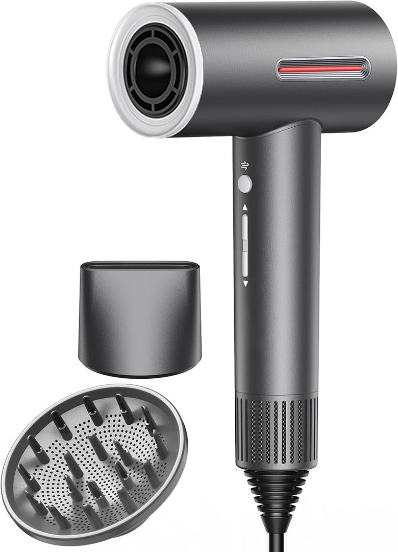 Hair Dryer, 1600W Professional Ionic High-Speed Blow Dryer for Fast Drying with Diffusers Nozzle and Styling Nozzle, Lightweight, Ultra-Quiet, Hair Dryer with 180000RPM Brushless Motor