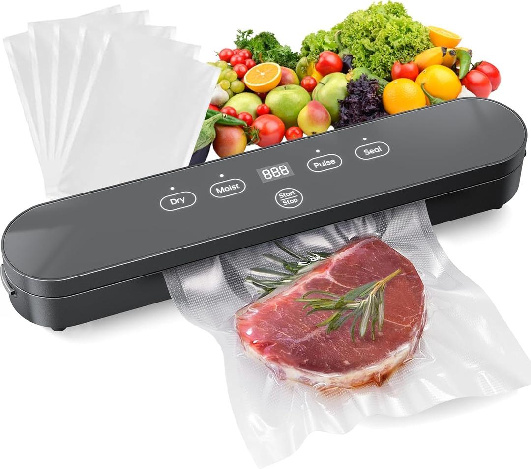 Food Vacuum Sealer Machine, 75kPa Compact Vacuum Sealer for Food, 4-in-1 Food Sealer with Digital Timer, Moist/Dry, Pulse, Seal Modes, Includes 20 Vacuum Bags, Perfect for Freezer Storage