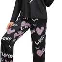 OYOANGLE Women's Pajama Sets 2 Piece Heart Printed Soft Pjs Long Sleeve Tops and Pants Sleepwear Sets (Black) Small