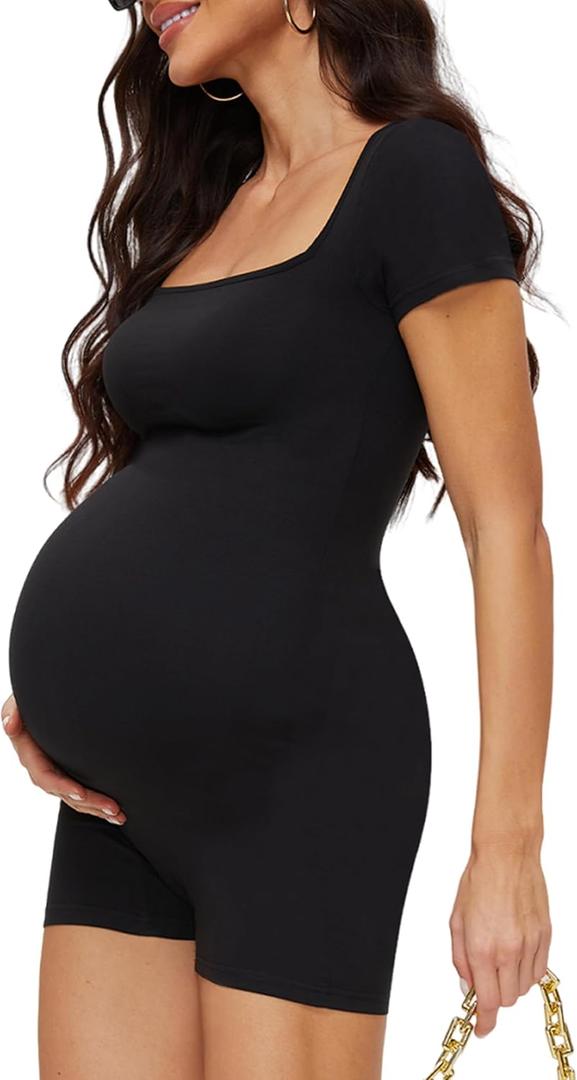 Peauty Buttery Soft Maternity Bodysuit, Short Sleeve Pregnancy Romper, Photoshoot Casual Workout Maternity-Clothes (Black, L)