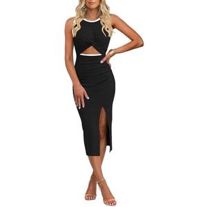 oten Women's Casual Sleeveless Cutout Twist Front Side Slit Ribbed Knit Party Bodycon Midi Dresses Medium