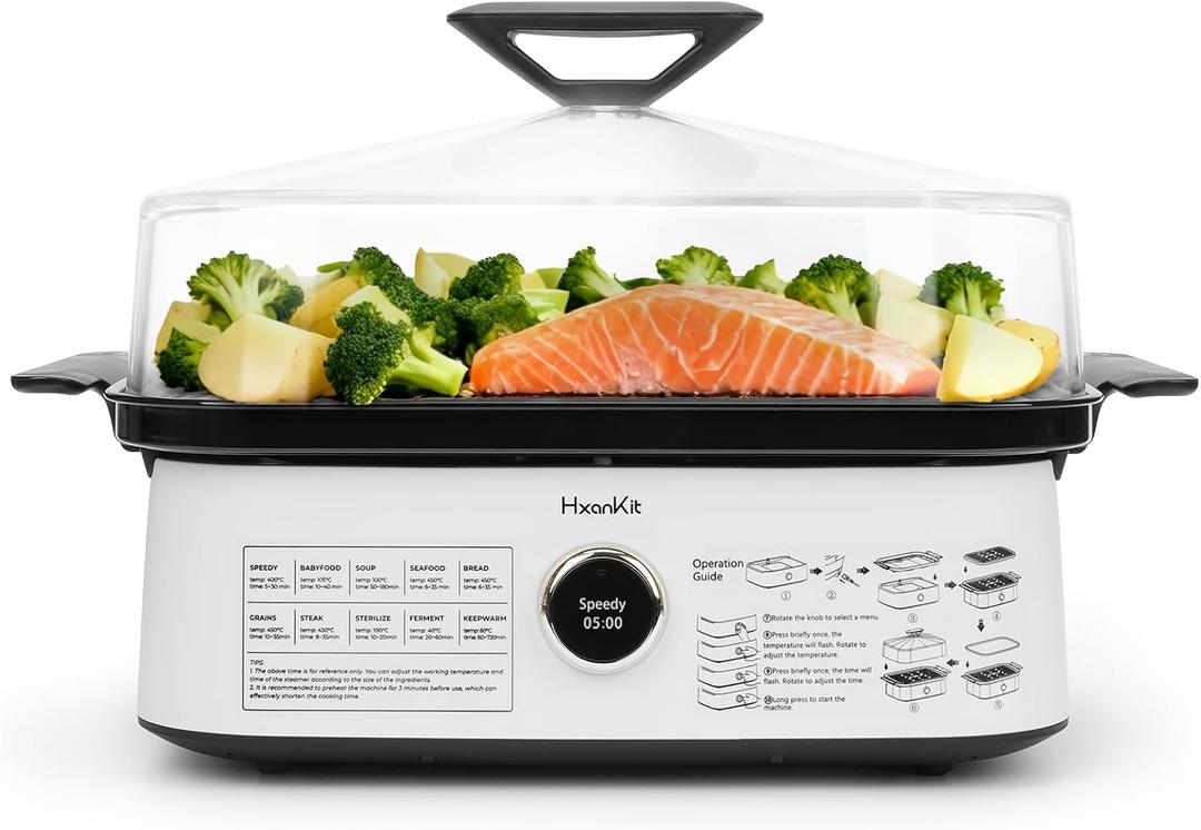 Electric Food Steamer, 450F Vapor, 10 Presets, Glass Lid 8Qt | 3x Faster, 40% Less Fat & Salt, No Descaling 2+Yrs, Real-Time Temp Display, Auto Shut-Off, No Plastic Contact