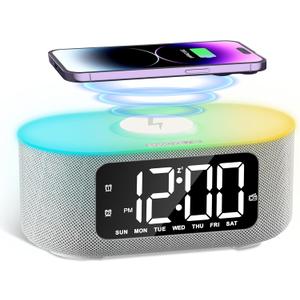 JALL Fabric Alarm Clock for Bedroom, with Big Led Screen Display, Bluetooth Stereo Sound Speaker, FM Radio, Fast Wireless Charging, USB Charging Port, Nightlight, White Noise, Ideal for Gift, Gray