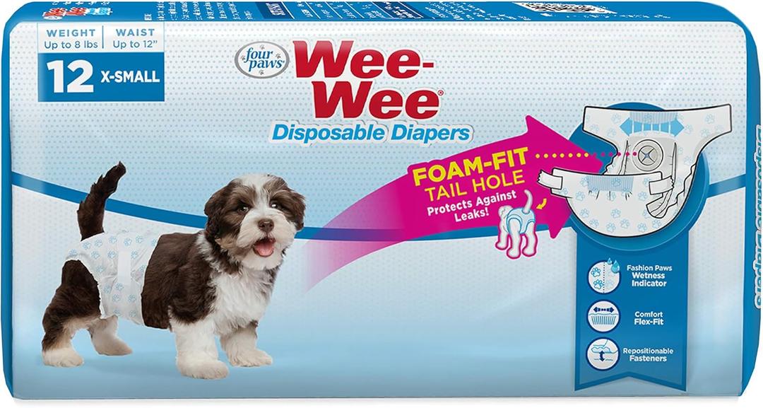 Four Paws Wee-Wee Super Absorbent Disposable Adjustable Dog Potty Training Diapers, Leak-Proof Protection for Puppies and Small Dogs, Extra Small, 12 Count