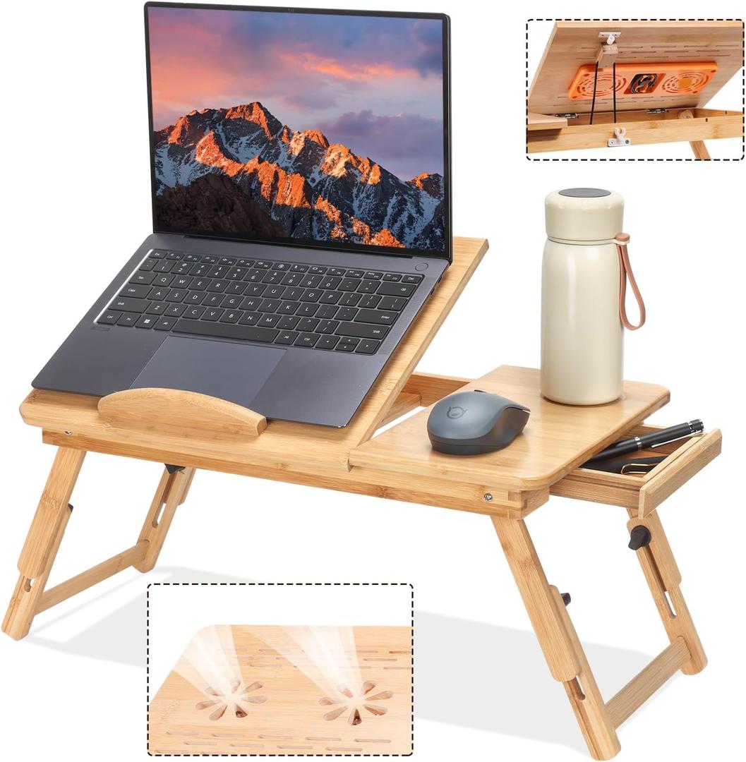 Adjustable Bamboo Laptop Desk with Cooling Fan, Foldable Bed Tray for Breakfast, Writing, and Drawing, with Tilting Top and Drawer, Portable Lap Desk for Bed, Sofa, and Floor. Adjustable Bamboo Laptop Desk with Cooling Fan, Foldable Bed Tray for Breakfast, Writing, and Drawing, with Tilting Top and Drawer, Portable Lap Desk for Bed, Sofa, and Floor.