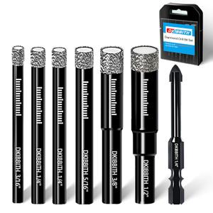 DKIBBITH 7 Pack Dry Diamond Drill Bits & Tile Drill Bits Set for Ceramic, Porcelain, Marble, Granite, Stone, Glass - Round Shank 3/16", 1/4"(x2), 5/16", 3/8", 1/2"+1 Pack Drill Bit 1/4"
