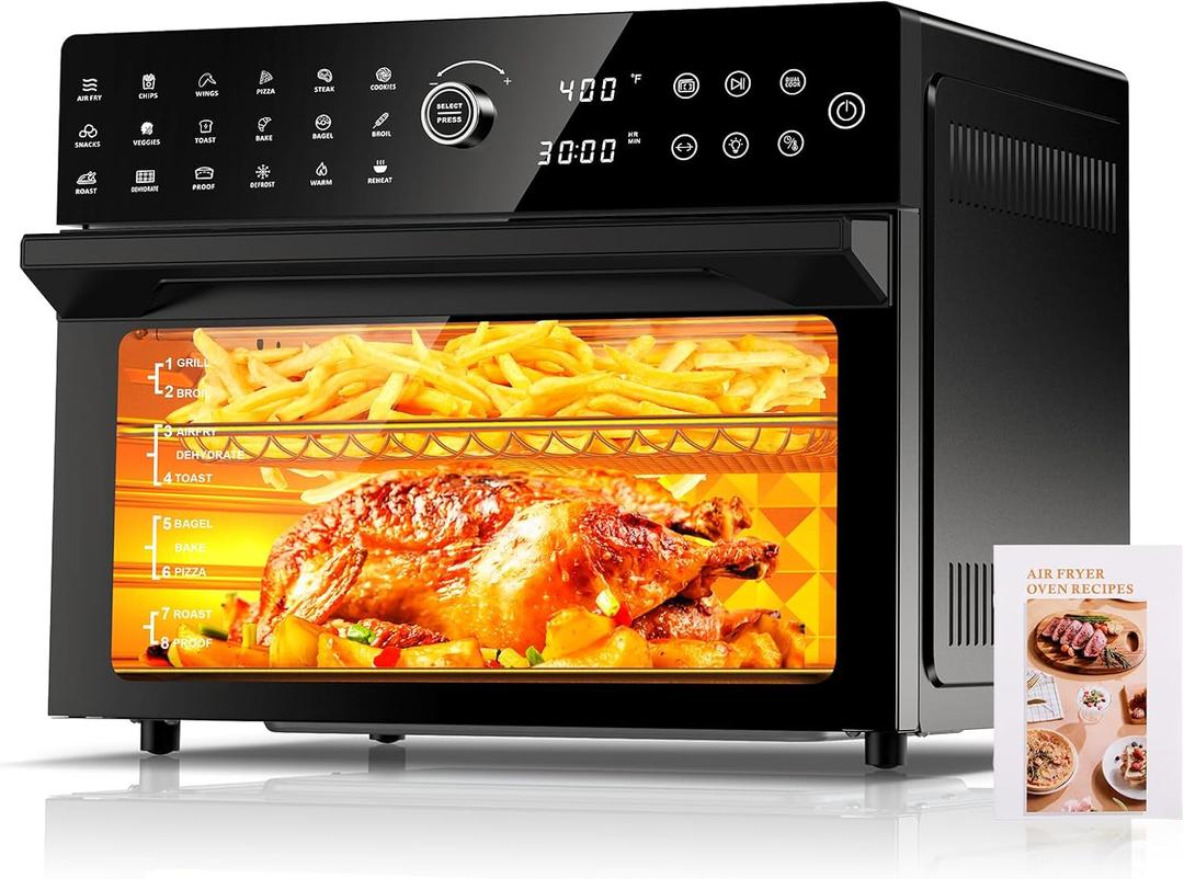 32QT Extra Large Air Fryer, Toaster Oven Air Fryer Combo, 360Hot Air Circulation for Healthier Food, 1800W Preset Dual Cook, 13"Pizza Cooking, 20-in-1 Double-Rack Oven, 7-Accessory, Transparent Door