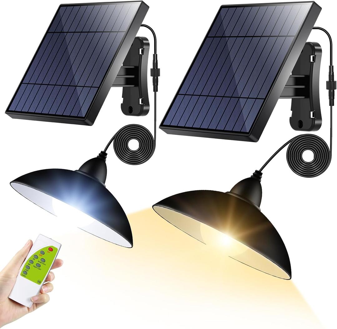 intelamp Solar Pendant Lights Indoor Outdoor, 2 Packs 4000mAh Gazebo Shed Chandeliers with Remote All Day/Night Mode 16.4Ft Hanging Warm White Lighting for Outside Barns Chicken Coop