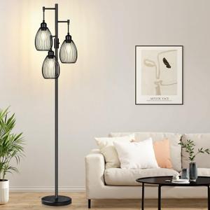 Dimmable Floor Lamp,3x800LM LED Bulbs Included, Farmhouse Industrial Floor Lamp Standing Tree Lamp with Teardrop Cage Head Tall Lamp for Living Room Bedroom Office Dining Room - Black & Marble Base