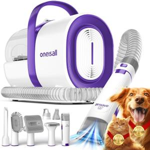 oneisall Dog Grooming Vacuum, Pet Grooming Vacuum with Clipper Nail Grinder, 1.5L Dust Cup Dog deshedding Vacuum Brush with 7 Pet Grooming Tools for Shedding Pet Hair, Home Cleaning (Purple)