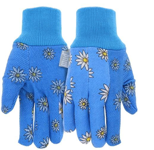 MUD Basic Women's PVC Dotted Palm And Daisy Printed Jersey Garden Glove, Extreme Comfort, Excellent Grip, Durable Wear, Blue, Medium/Large (M61001B-WML),MD61001B-WML