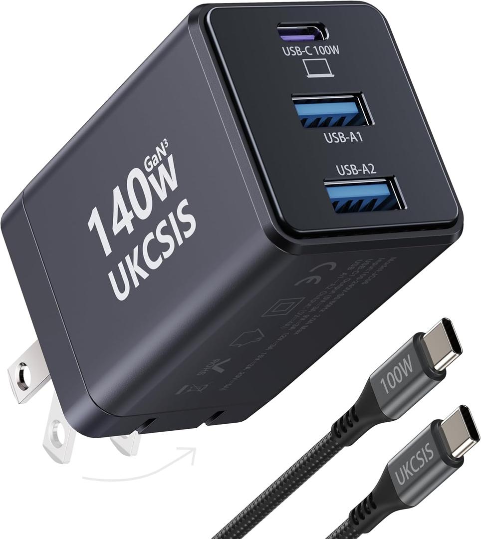 140W USB C Charger Block - UKCSIS 3-Port GaN Fast Chargers, Foldable USB C Wall Charger, Compact 100W Laptop Adapter, for MacBook Pro/Air, iPad Pro, Galaxy, iPhone Series, Black (4FT)