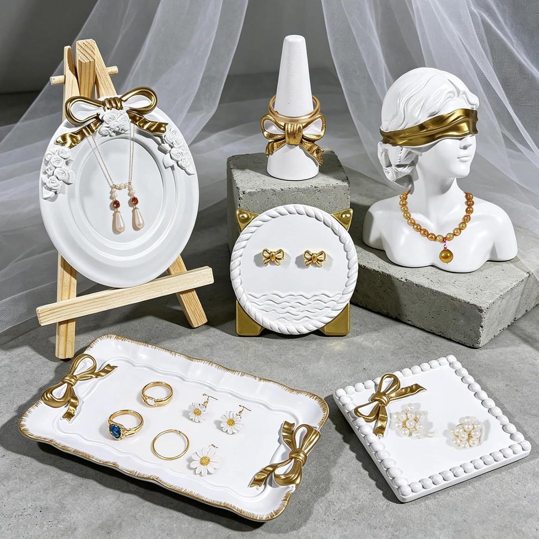 Wowagoga Jewelry Display Set,6 Pcs Decorative Organizer Tray,Cute Jewelry Organizers,White and Gold Vanity Trays for Earrings, Rings, Necklaces, Bracelets, Dresser and Bathroom Decor