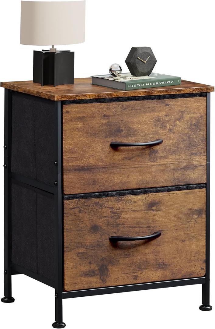 WLIVE Night Stand, Small 2 Drawer Dresser, Nightstand with Fabric Bins for Bedroom, Closet, Dorm, Rustic Brown Wood Grain Print, 11.8" D x 15.7" W x 20.9" H
