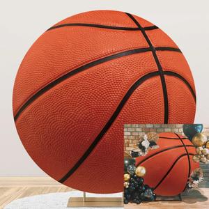 Leyiyi 7.2x7.2ft Basketball Round Backdrop Cover - Brown Basketball Match Sports Theme Circle Photography Background for Boys Baby Shower Newborn Gender Reveal Party Decor