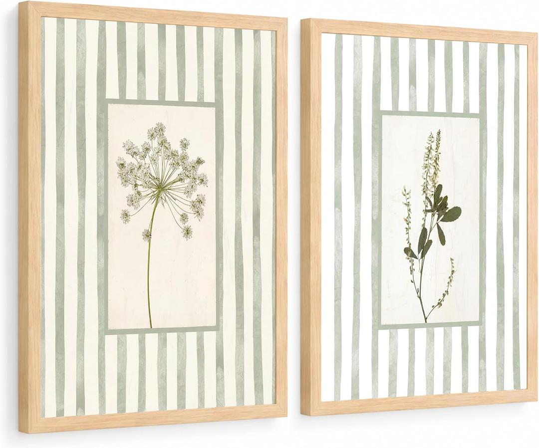 Sage Green Botanical Wall Art Set of 2 Framed, Vintage Herb Floral Canvas Prints, Cottagecore French Country Decor for Living Room Bedroom Bathroom Kitchen, Sage Green, Cream, Beige, Natural Wood, 16"L x 24"W