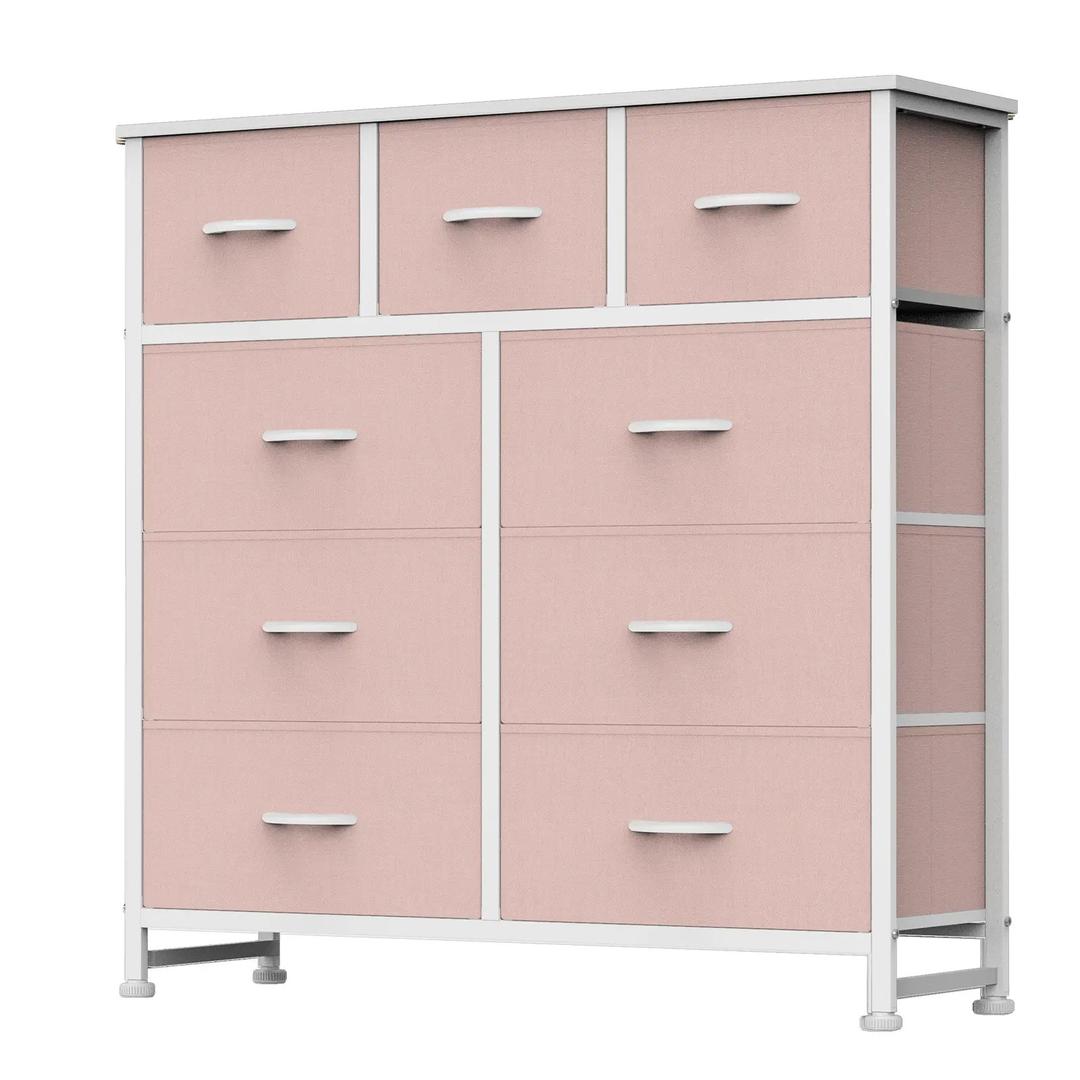 OLIXIS 9 Drawer Storage Dresser with Wood Top - Wide Fabric Chest Organizer for Bedroom, Closet, Living Room, Tower Cabinet, TV Stand, Hallway Entryway Furniture, Pink