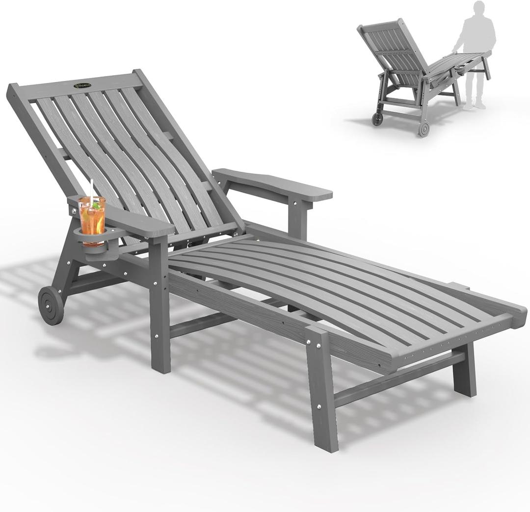 THOEOE Patio Chaise Lounge Chair,HDPE Lounge Chair Outdoor with Wheels | Oversized pool lounge chairs with cup holder, 5 adjustable position for patio,outside,pool,deck, 78" L-1pcs