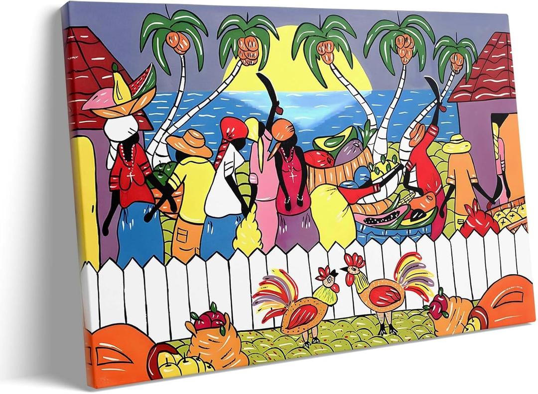 Colorful Farm Canvas Wall Art, Tropical Fruit Market with Palm Trees and Roosters Picture Print, Farm Life Painting, Poster Framed Tropical Artwork for Kitchen and Living Room Decor Artwork 20" x 24" (Style-05)